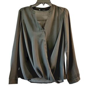 Krisa Revolve Surplice Long Sleeve Black Chiffon Wrap Top Size Small